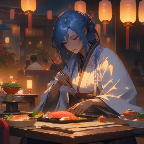 Blue-skinned alien in oriental clothing eating Japanese food