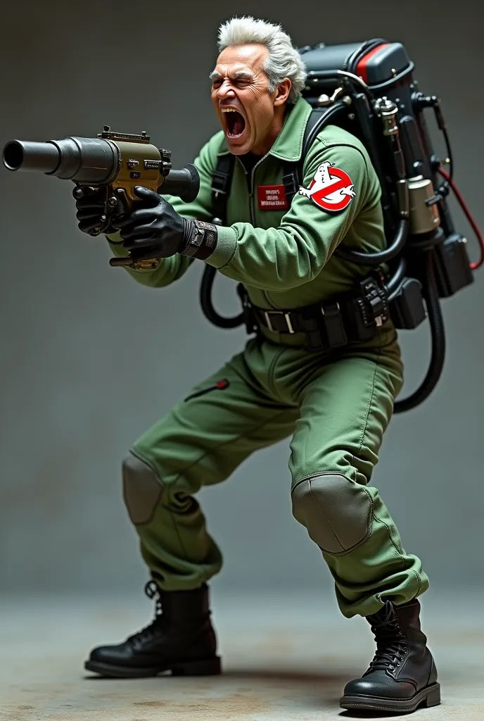 Side view profile of ghostbusters egon, green jumpsuit with red round insignia on upper arm, black ploshed tactical boots, photon back pack, blasting photo gun, screaming, resin action figure quiron style, full body image