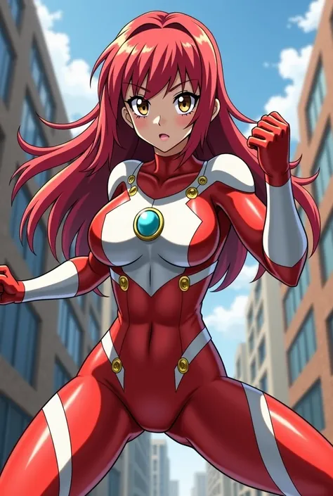 My Hero Academia Style , Anime girl, female, young female,muscular female,Full Body Shot,(fighting Pose:1.3),Long hair, Red Hair,  Brown Eyes,Hero Suit, Full Body Suit, red suit with white details,small round blue jewel in the center of the chest, perfect ...