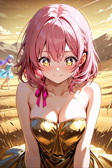 ((((  masterpiece)))), (((( top quality)))),  High Resolution,fine grain, detailed faces,2 girls completely naked, Gold,long hair,pink hair,short hair, sparkling eyes, fluttering dress with pink ribbon,smile,Line up in twos,Clear skies,Plains, playing , ac...