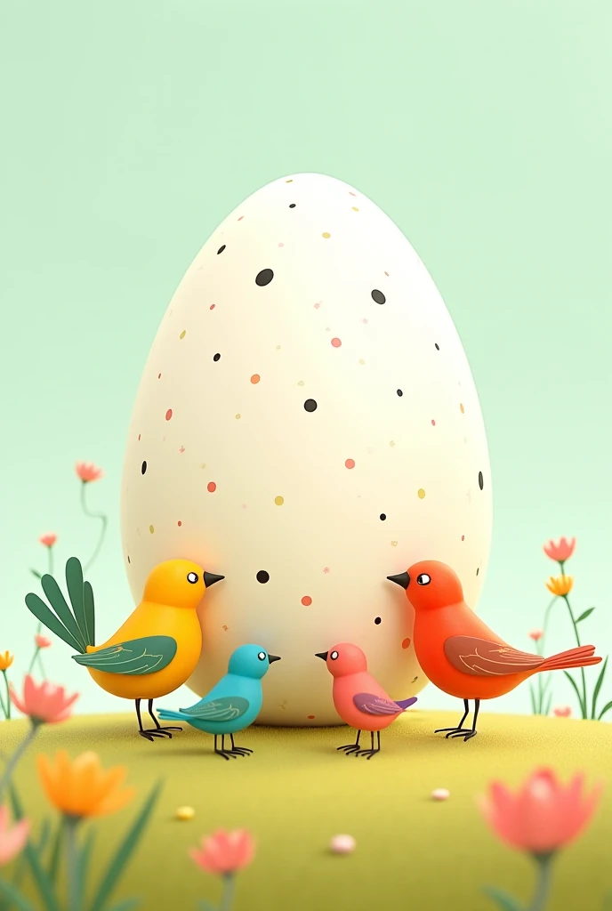 4 cute birds and 1 very big egg