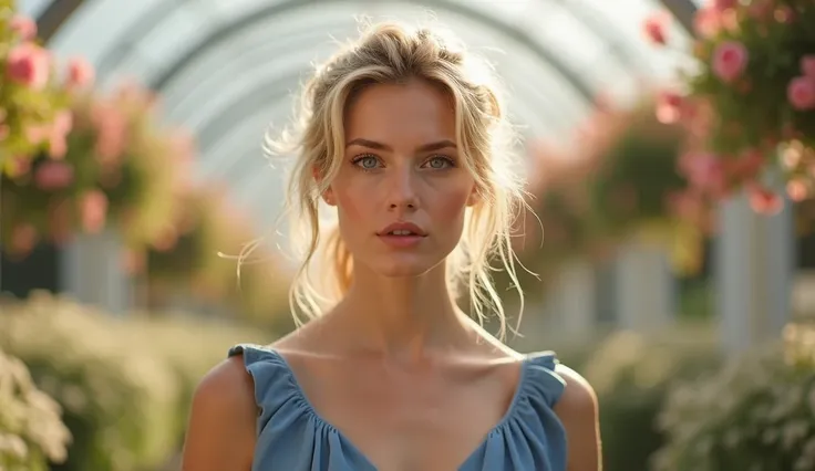 A 30-year-old Danish woman stands gracefully, captured in a close-up shot. Her wide eyes and slightly parted lips convey a sense of surprise. Her tousled hair frames her face naturally, complementing her elegant blue dress. Behind her, white canopies adorn...