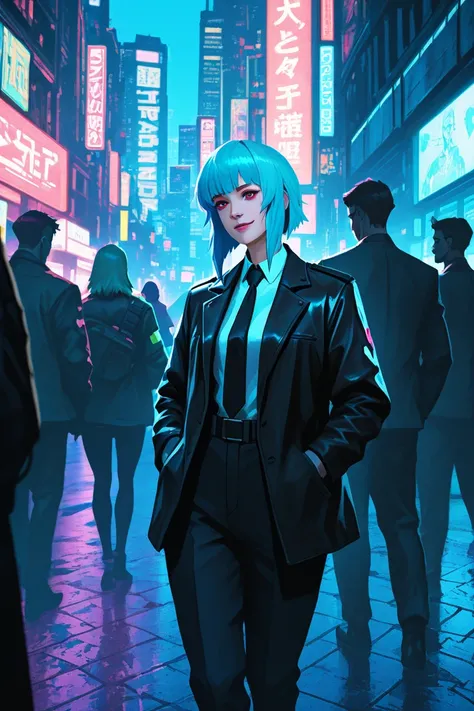 anime man with a sly smile in a suit and tie standing in a city street, modern cyberpunk anime, beaten tech. neo noir style, ghost in the shell art style, cyberpunk anime art, forest city streets behind her, in neo tokyo, anime cyberpunk art, neo tokyo bac...