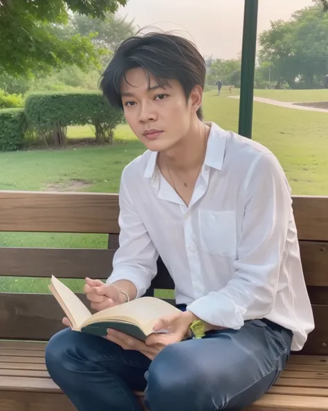 there is a man sitting on a bench reading a book, high quality portrait, portrait shot, male ulzzang, photo portrait, mid shot portrait, aesthetic portrait, dramatic reading book pose, fanart, color portrait, book portrait, perfect portrait composition, re...