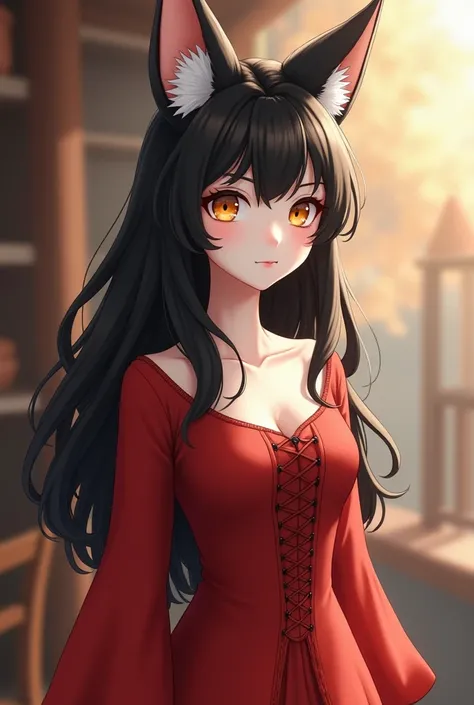 Create a female character with a white fox face with orange eyes with black hair with a big wavy fringe, humanized dress with an ultra realistic body similar to that of a human but she has fox hair, She is dressed in a red pantaludo dress, in a very beauti...