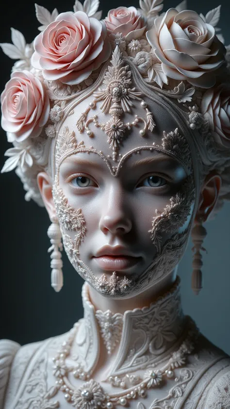 a woman with a face adorned with lace and lace flowers, crystal and diamond elegant portrait,cinematic lighting,intricate lace details,soft skin,piercing eyes,delicate porcelain flowercrown,baroque style,oil painting,masterpiece,8K,HDR,ultra-detailed,vivid...