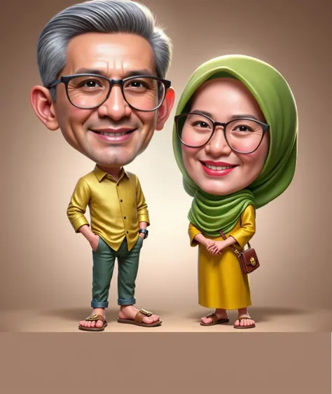 4d super realistic a man wearing a terracotta shirt white trousers, and a woman wearing a white hijab white shirt not wearing glasses, they both stand dynamically and smile, the background is a mosque building.