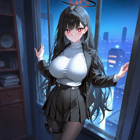 Tsukatsuki Rio (blue_archive), anime style, 1 girl, solo, black hair, long hair, hairpin, red eyes, Expressive eyes, white pupils, halo, black jacket, white sweater, miniskirt, black skirt, black pantyhose, In the Cabinet, Dark walls, thigh strap, A huge w...