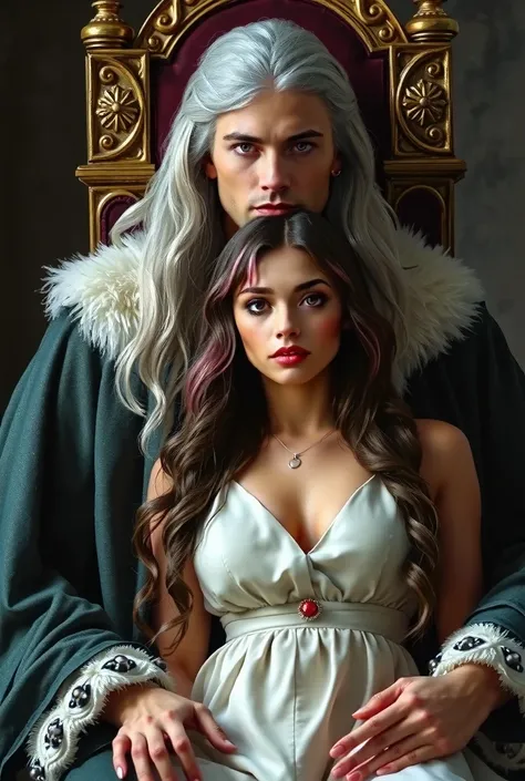 A beautiful young woman with long beautiful brown hair and pink highlights. She has big innocent brown eyes. A handsome man has long silver hair and blue eyes. He's tall, muscular and very. The man is a werewolf king and he's wearing these kingly robes whi...