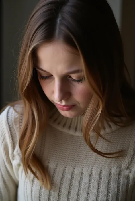 1 girl,  knitted sweater, extreme closeup from under the chest, extremely low angle, Face hidden by chest ,  looking down 
