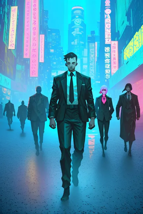 Man in a suit and tie standing in a city street, modern cyberpunk anime, beaten tech. neo noir style, ghost in the shell art style, cyberpunk anime art, forest city streets behind her, in neo tokyo, anime cyberpunk art, neo tokyo background, ghost in the s...