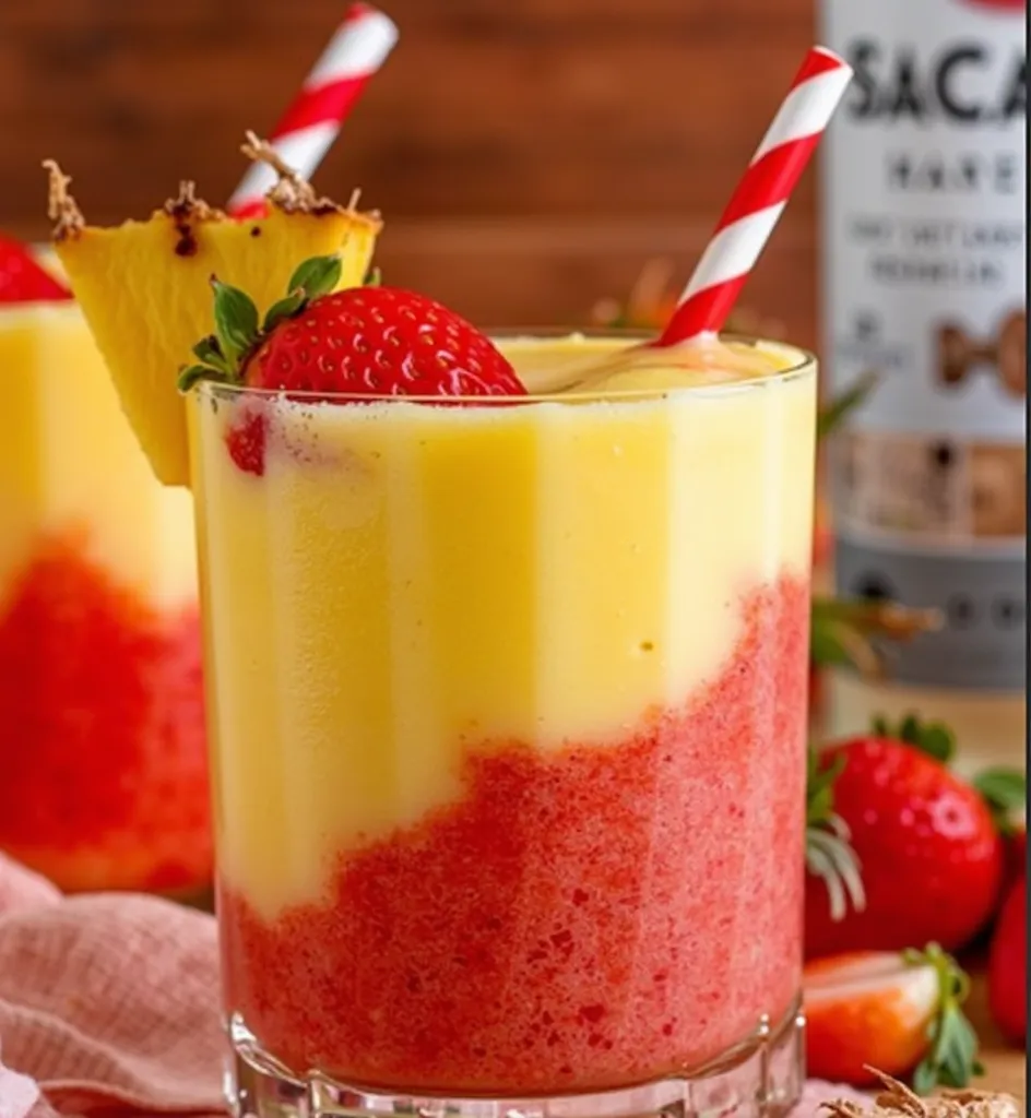 https://i.goopics.net/xk6atk.png. Close up amateur photo from facebook. taken with an iphone 15 : Recipe Description:Strawberry Pina Colada: Amateur, Real picture, clean composition, Realistic, Tasty, Yummy, elegant, mouth-watering, indulgent, gourmet --ar...