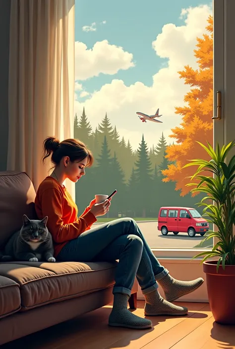 create an image. a woman sitting in the living room of a beautiful apartment drinking coffee, she dressed in knitted jeans and socks,  checking her cell phone .  A gray cat accompanying her. outside the apartment you can see a red Toyota van in the parking...