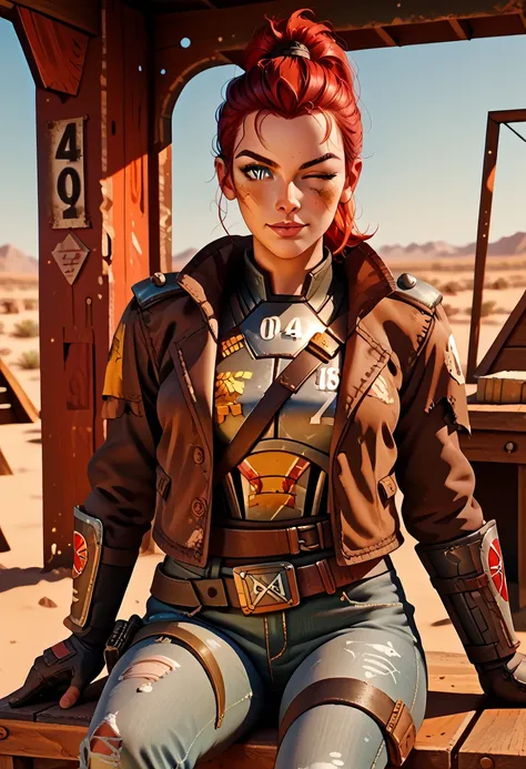 1girl, red hair, medium hair, sidelocks, ponytail, green eyes, desert ranger armour, fallout new vegas ranger attire, belt, torn jeans, gloves, brown jacket, patchwork clothes, gloves, desert, chair, hut, sitting, looking at viewer, wink, finger gun, cowbo...