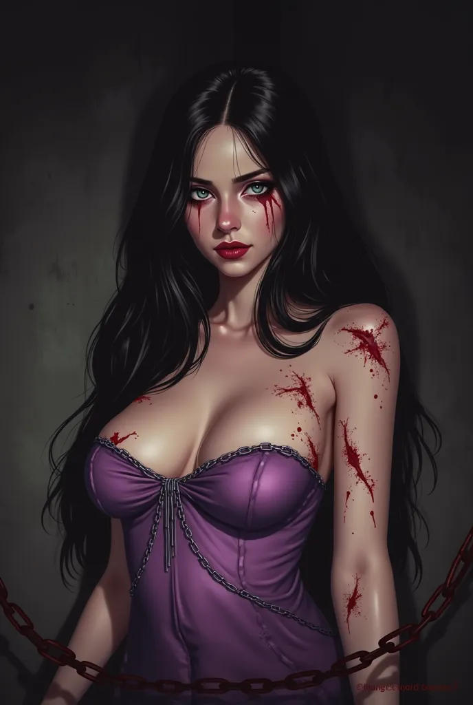  Realistic illustrated image ,Beautiful woman all bloodied chained to a wall in a dark place,   long jet-black hair ,Sapphire blue eyes,  light porcelain skin  ,   full red lips   ,   European features,the most beautiful woman in the world,appearance of Me...