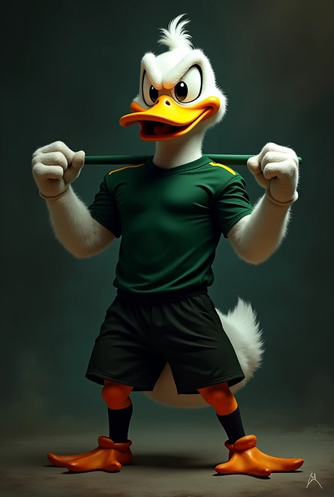 A digital painting of a football team mascot, an angry duck standing in a powerful pose. The duck is wearing a dark green jersey, black shorts, and black socks. It holds a banner firmly in its hands, exuding strength and determination. The duck's face show...