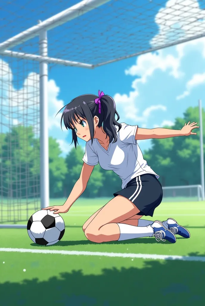 Generate an image of an anime girl placing a soccer ball on the floor, she wears a physical education uniform, a white t-shirt and black shorts. She's on her side and the goal is in front of her..