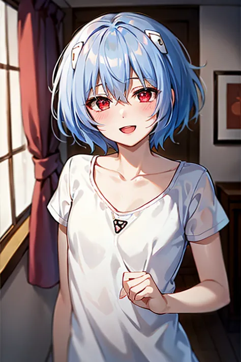 ((Highest quality)), ((masterpiece)), (be familiar with), perfect face, indoors, bedroom, watching viewers,
One woman, Rei Ayanami,
open mouth, ecstatic expression, blush, smile,
 small tits, flat chest, Young girl,  lori,  ,  girl,
Short Hair, short hair,...