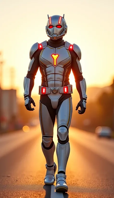 realistic image in high quality, ant man is wearing new costume, Ant man's uniform is white and gold, the costume has red led bands, the costume has gold in its composition, the predominant color of his uniform is white, his helmet is white with gold leds,...