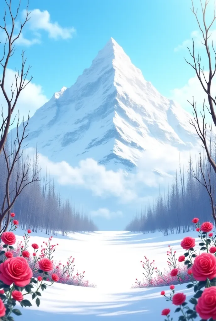 a snow mountain, dried trees, red roses growing on the snow, in anime art style, topquality, hdres, wallpaper