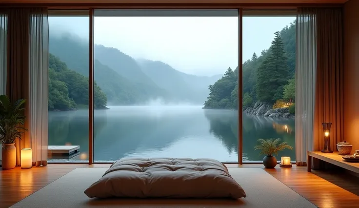 This scenery is absolutely stunning, with the tranquil lake, misty mountains, and dense evergreen trees creating a serene and mystical atmosphere. To integrate this into the bedroom scene, imagine a luxurious yet minimalist Japanese-inspired room with floo...