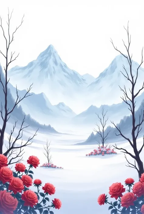 winter, snowy mountains, dried trees, very red roses growing on the snow,  in anime art style, topquality, hdres, wallpaper