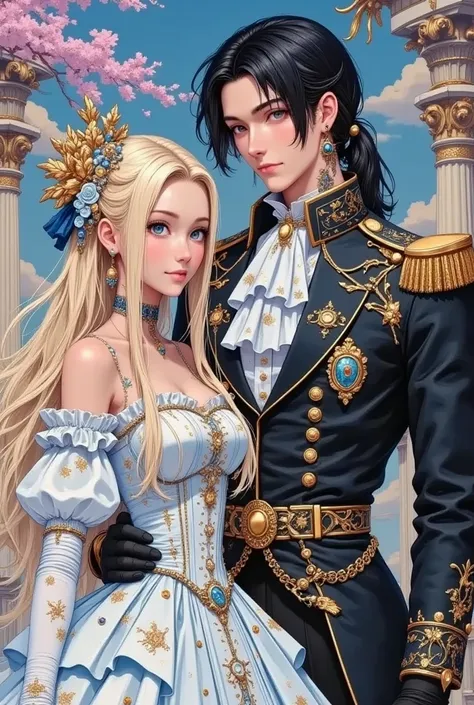 An otome book cover of a beautiful 17-year-old rainasances princess with blond hair beautiful blue eyes (she is a Korean villainess) ahe is wearing extravagant ball gown decorated with diamonds and beautiful gloves and beside her is a 18 years old duke wit...