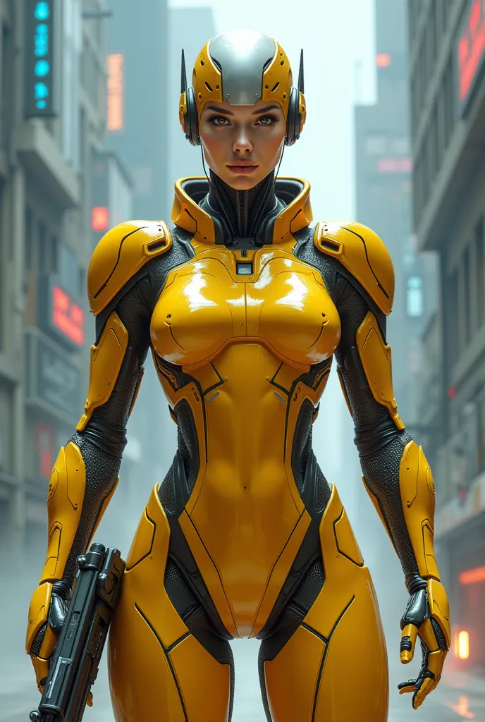 Create a model of a heroine, an imposing female character wears a cyborg yellow costume wears short hair bald yellow a weapon