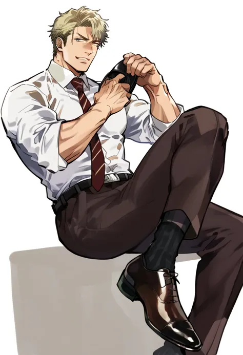 male focus, muscled male, solo, ikemen, mature, male only, swedish, blond, tough man, bold, eyes fix, flat chest, sturdy waist, 50 years old, office worker, collared shirt, tie, three piece suit, belt, slacks, tight clothes, whole body, sitting, invisible ...