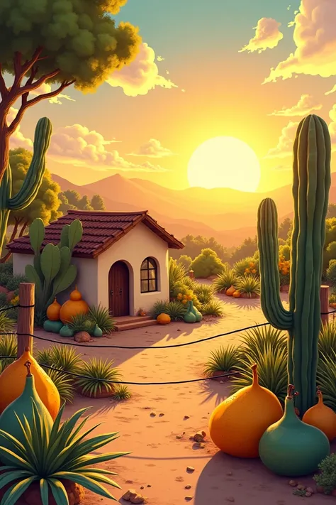 A taupe house next to the house some gourds on the other side cactus in front of the house a wire fence on that fence pitaya feet a path in the background the sunset in the hinterland in Brazil cartoon style