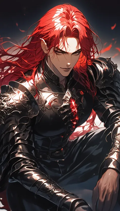 Man with red hair, dark skin, brown eyes, Solo, Long hair, dark bloody armor, Masterpiece, High quality, Shine, Background defocus, Fluorescence, Ray tracing, Illustration, Gothic, dark knight, black magic, spells, red hair, dynamic pose, top view, smirk, ...