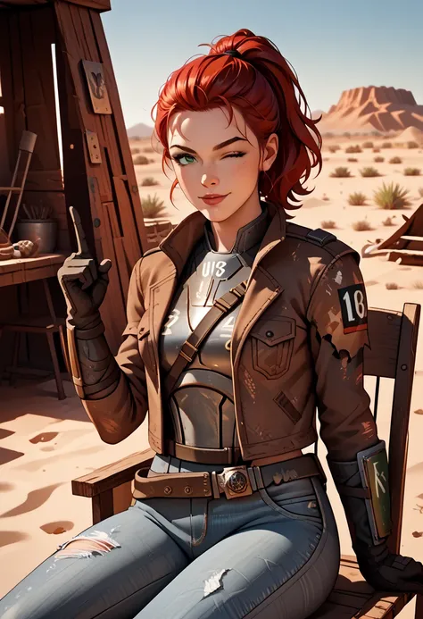 1girl, red hair, medium hair, sidelocks, ponytail, green eyes, desert ranger armour, fallout new vegas ranger attire, belt, torn jeans, gloves, brown jacket, gloves, desert, chair, hut, sitting, looking at viewer, wink, finger gun, cowboy shot score_9, sco...