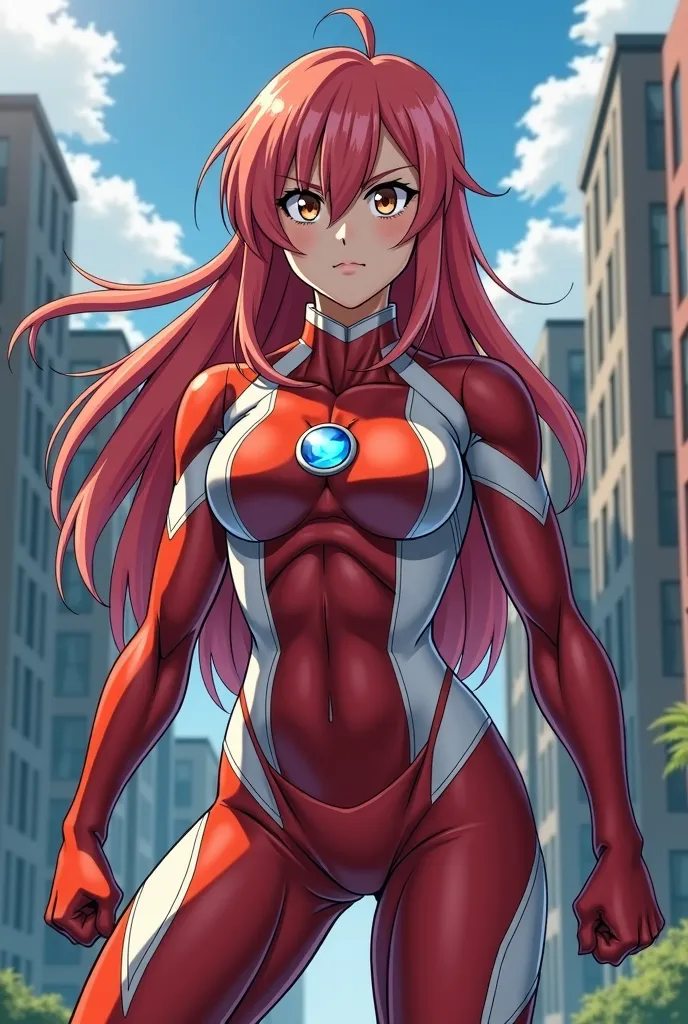 My Hero Academia Style , Anime girl, female, young female,muscular female,Full Body Shot,(fighting Pose:2),Long hair, Red Hair,  Brown Eyes,Hero Suit, Full Body Suit, red suit with white details,small round blue jewel in the center of the chest, perfect an...