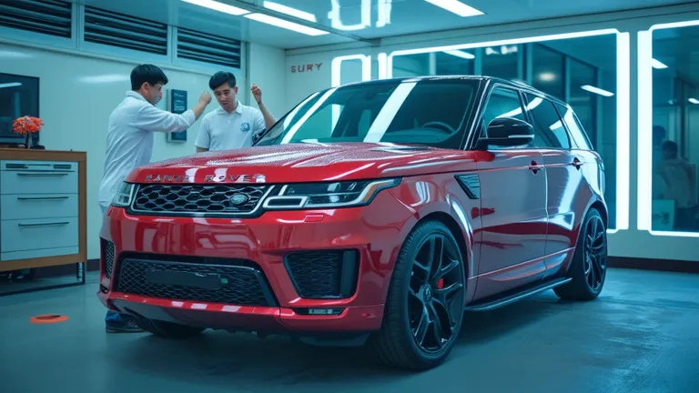 A cinematic 8K shot of the 2025 Range Rover Sport inside a state-of-the-art detailing garage, where professionals in futuristic uniforms are meticulously cleaning and polishing the car. The scene is illuminated by soft blue and white LED lighting, emphasiz...