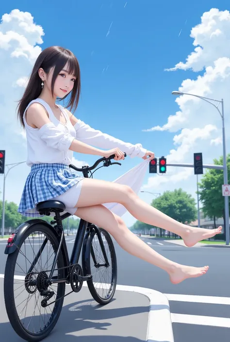 ( sitting on a bicycle saddle 、 Japanese high school girl waiting at a traffic light 、Her bra is visible through her rain-soaked shirt)、(((   sleeveless white shirt  )))、  get behind the wheel,  Looking Ahead 、Bra visible through sleeve opening、((  white c...