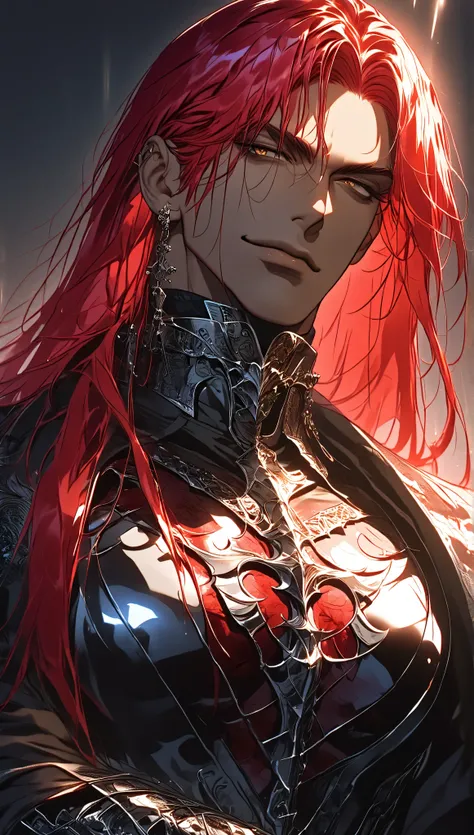 Man with red hair, dark skin, brown eyes, Solo, Long hair, dark bloody armor, Masterpiece, High quality, Shine, Background defocus, Fluorescence, Ray tracing, Illustration, Gothic, dark knight, red hair, knight pose, smirk, aged, ((broad chest)), wireframe