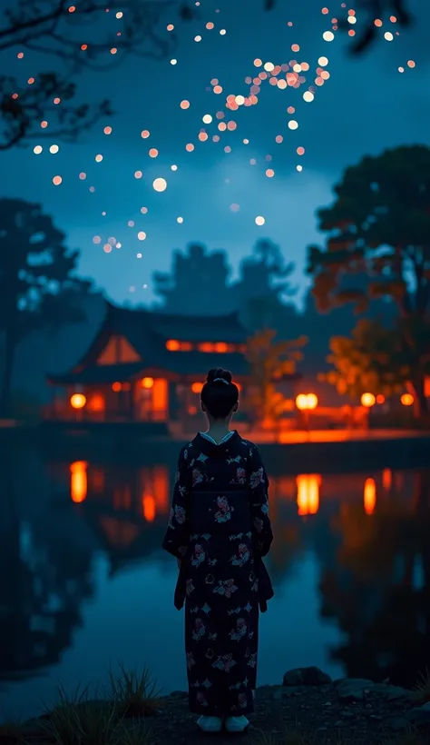 Background → blurred composition　Background → blur　　Burning Fire　Big Fire　background→night　Forest and Lake　Village of Japanese houses　A small shadow of a woman in a black kimono standing　The starry sky is beautiful 