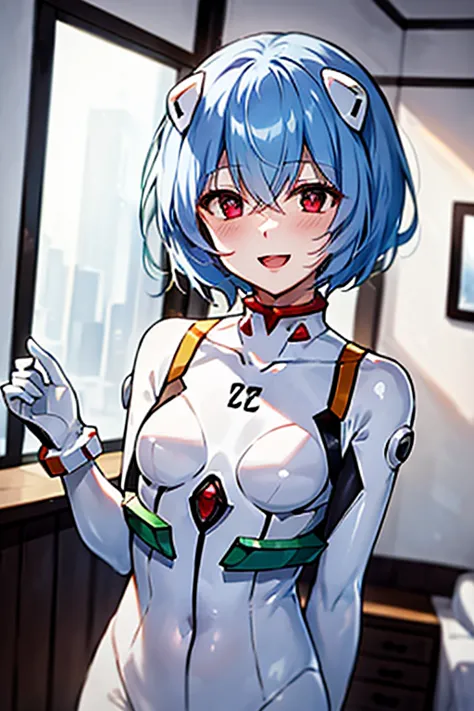 ((Highest quality)), ((masterpiece)), (be familiar with), perfect face, indoors, bedroom, watching viewers,
One woman, Rei Ayanami,
open mouth, ecstatic expression, blush, smile,
 small tits, flat chest, Young girl,  lori,  ,  girl,
Short Hair, short hair,...