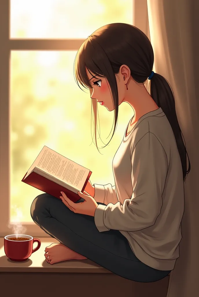 A girl reading a book sitting the window with the hot cup of tea