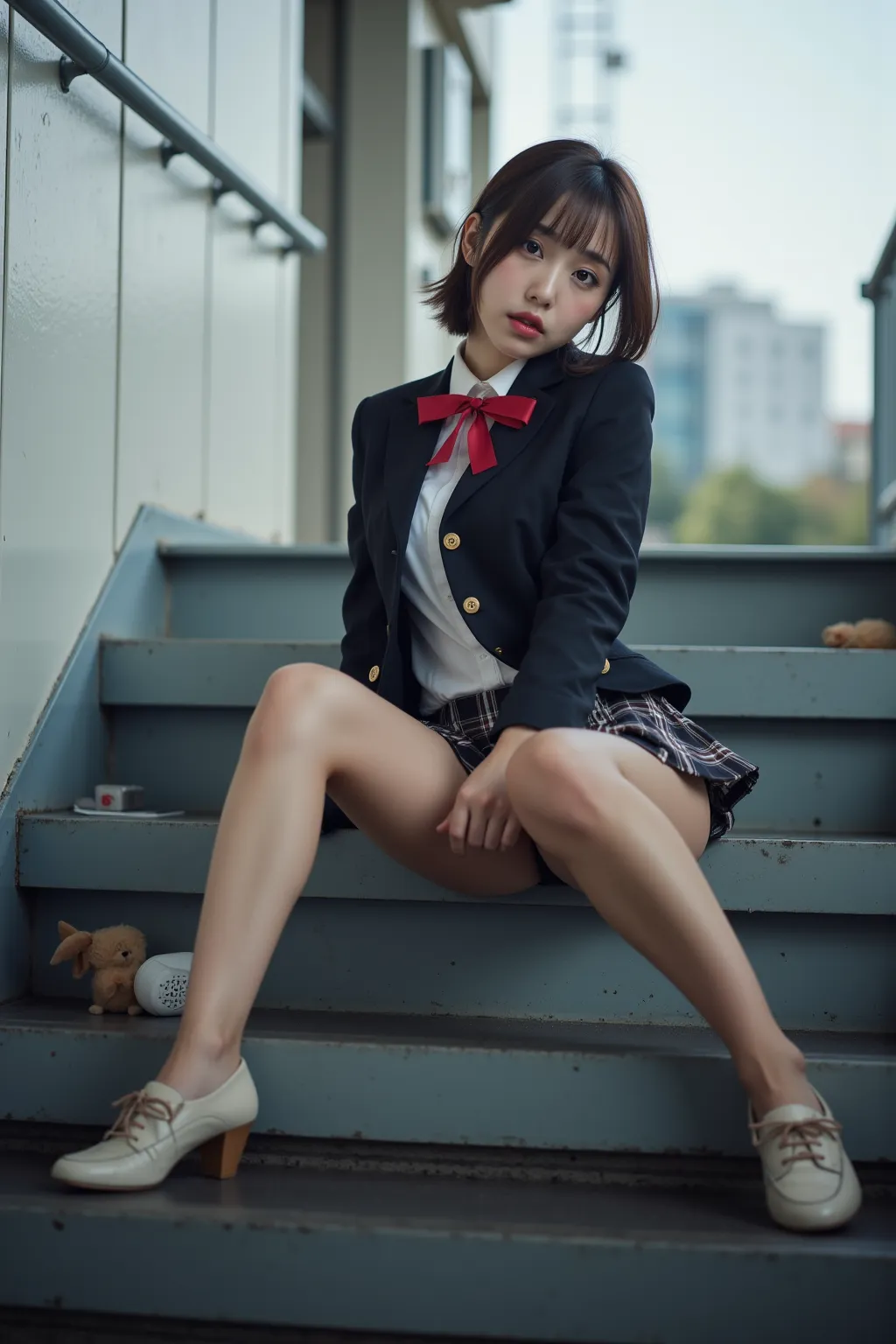 　 best image quality、score_9,  score_8_ up 、masterpiece、from below、1 Japanese girl、female high school students、uniform、 blazer、panties、Thigh Highlighted、loafers、sit、 open、 station stairs、