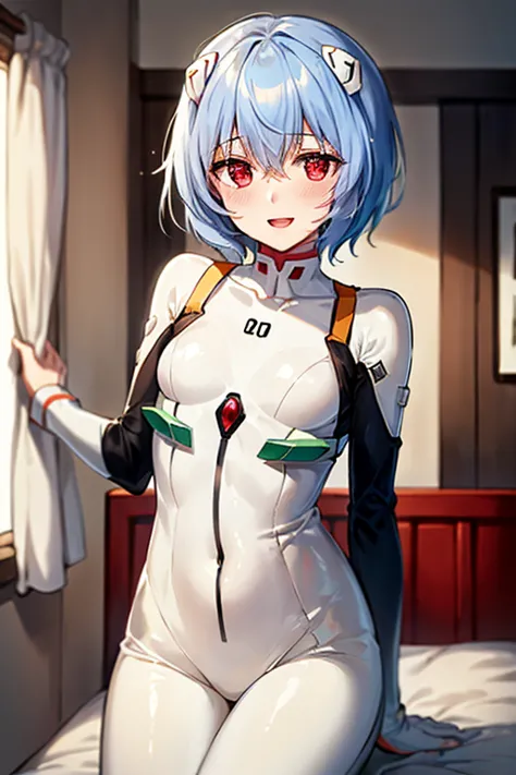 ((Highest quality)), ((masterpiece)), (be familiar with), perfect face, indoors, bedroom, watching viewers,
One woman, Rei Ayanami,
open mouth, ecstatic expression, blush, smile,
 small tits, flat chest, Young girl,  lori,  ,  girl,
Short Hair, short hair,...