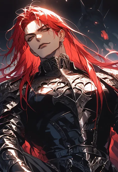 Man with red hair, dark skin, brown eyes, Solo, Long hair, dark bloody armor, Masterpiece, High quality, Shine, Background defocus, Fluorescence, Ray tracing, Illustration, Gothic, dark knight, black magic, spells, red hair, dynamic pose, top view, smirk, ...