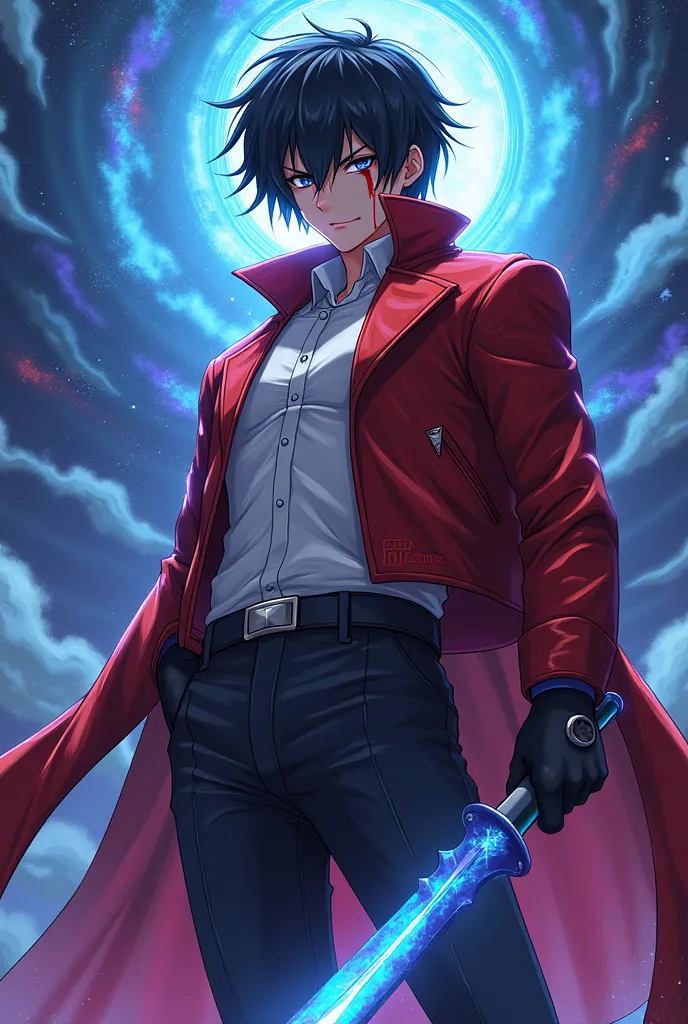 A vigilante hero,anime figure, wearing a cool red and white costume, high resolution image, detailed picture, holding a blue cosmic dagger on one hand, black hair and black eyes, blood dropping from face, standing straight looking at the viewer, angry face...