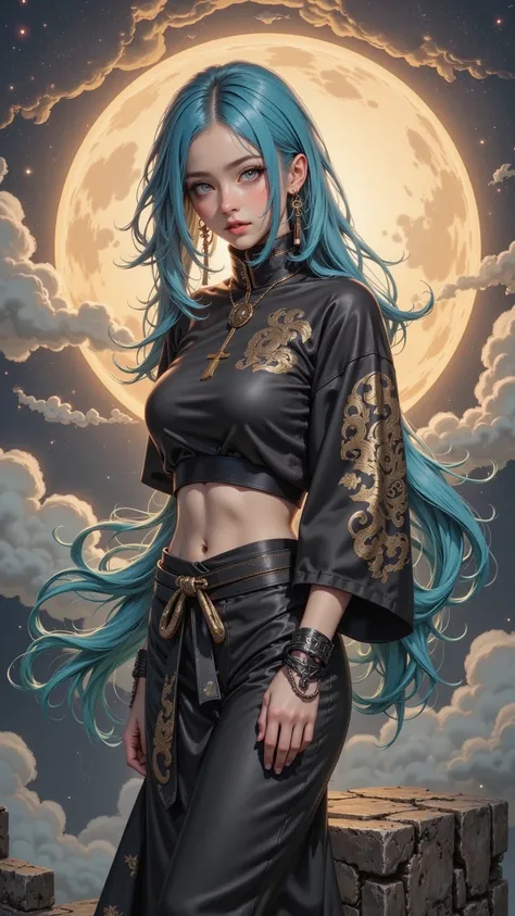 A digital painting rendered in 32K realistic photo style，above her decorated in gorgeous gold and cloud pattern，She is dressed in a tight-fitting flag robe，Shows an elegant character with long sky blue hair and gentle blue eyes。standing on the top of an en...