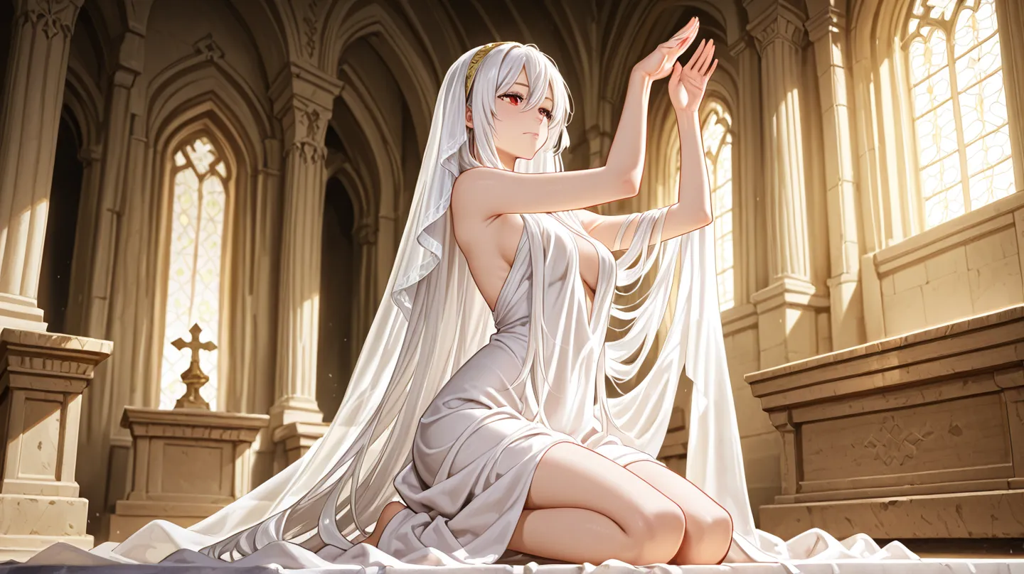 A serene anime girl with white hair flowing loose, draped in a diaphanous veil that barely conceals her form, kneeling before an altar in a moonlit grove, her body softly illuminated, hands raised in a sensual prayer-like pose.