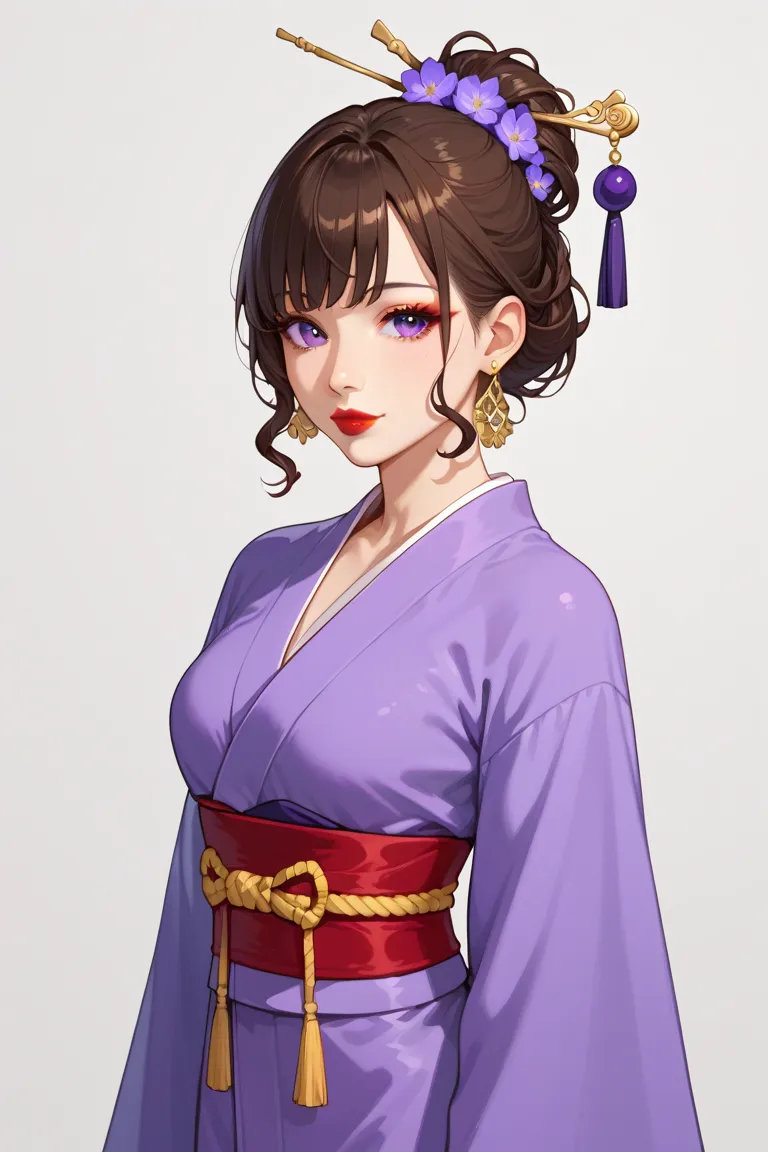  A  sexy asian woman, big dark purple eyes with red makeup, 32 years old, dark brown hair, curly bangs, fringe, red lipstick, very small brests, silk short dark-purple kimono, golden earrings, red obi belt with golden rope, japanese traditional high hairdo...