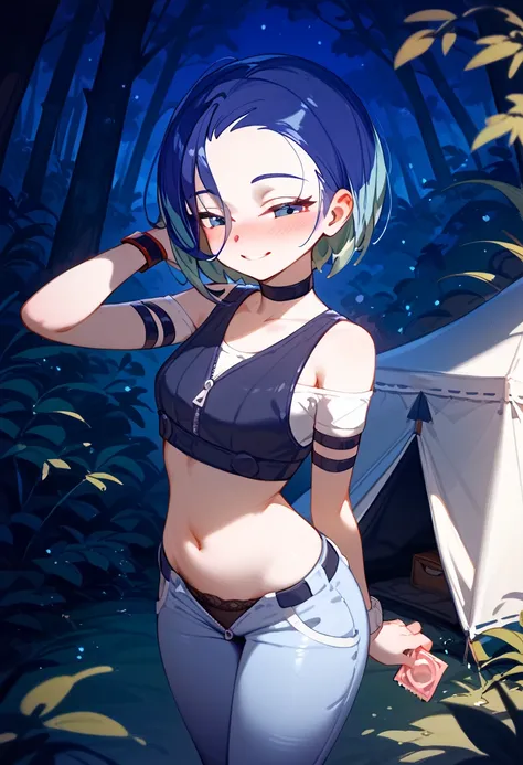 perrin、crop top, blue pants, choker, bare shoulders。tent。 shy smile。half-closed eyes。drop your pants。Open the zipper。dark night forest。blush。tent。Before sex、 black panties。standing。 forward bending。 holding a condom