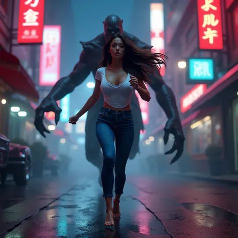 Beautiful and buxom 20yo woman in tight white t-shirt cleavage and jeans running barefoot through neon streets chased by creepy shadowy monster. Horror movie vibes. Darkness and shadow. It follows.