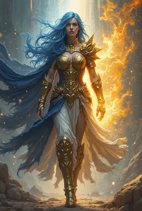 A tall, imposing warrior with long, flowing blue hair strides forward, his piercing eyes shifting between calm wisdom and dark malevolence. He wears the Gemini Gold Cloth, a symmetrical golden armor that gleams under celestial light. His left hand is engul...