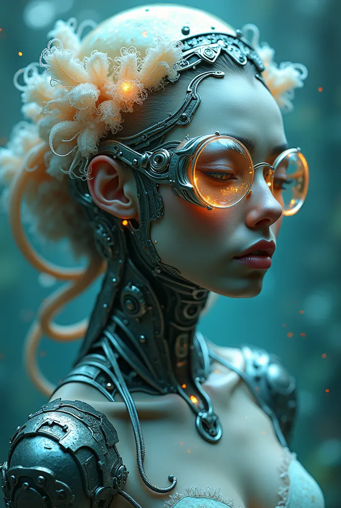 Ethereal Cyborg Woman, bioluminescent jellyfish tiara.  Steampunk glasses fuse with translucent tentacles . Cracked porcelain skin meets iridescent scales. Mechanical implants and delicate tendrils intertwine. Human characteristics with an otherworldly glo...